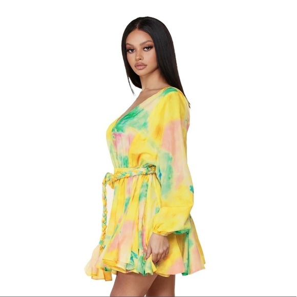 L’Atiste After Glow Tie Dye Rainbow Faux Wrap Belted Flare Skater Mini Dress - Picture 3 of 10